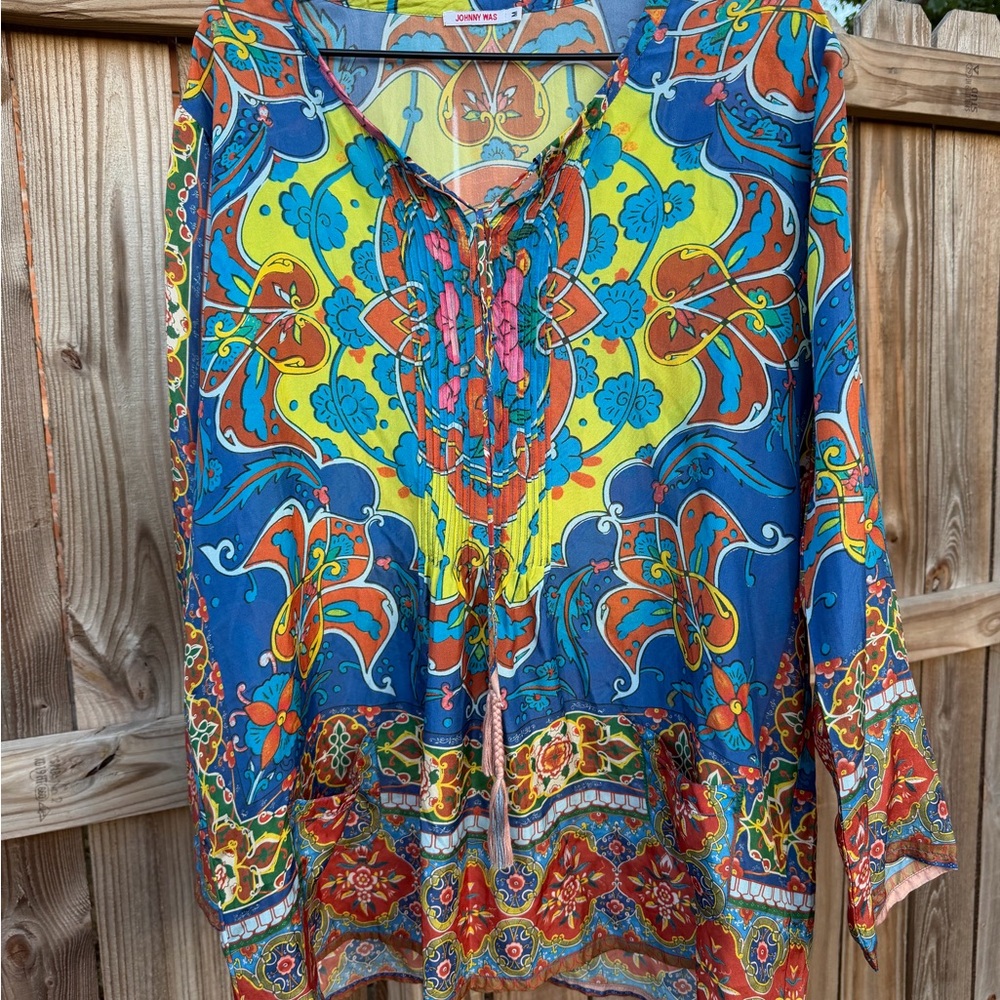 Johnny Was Valenti tie-neck Multicolor Georgette Tunic with front pockets - Picture 6 of 10